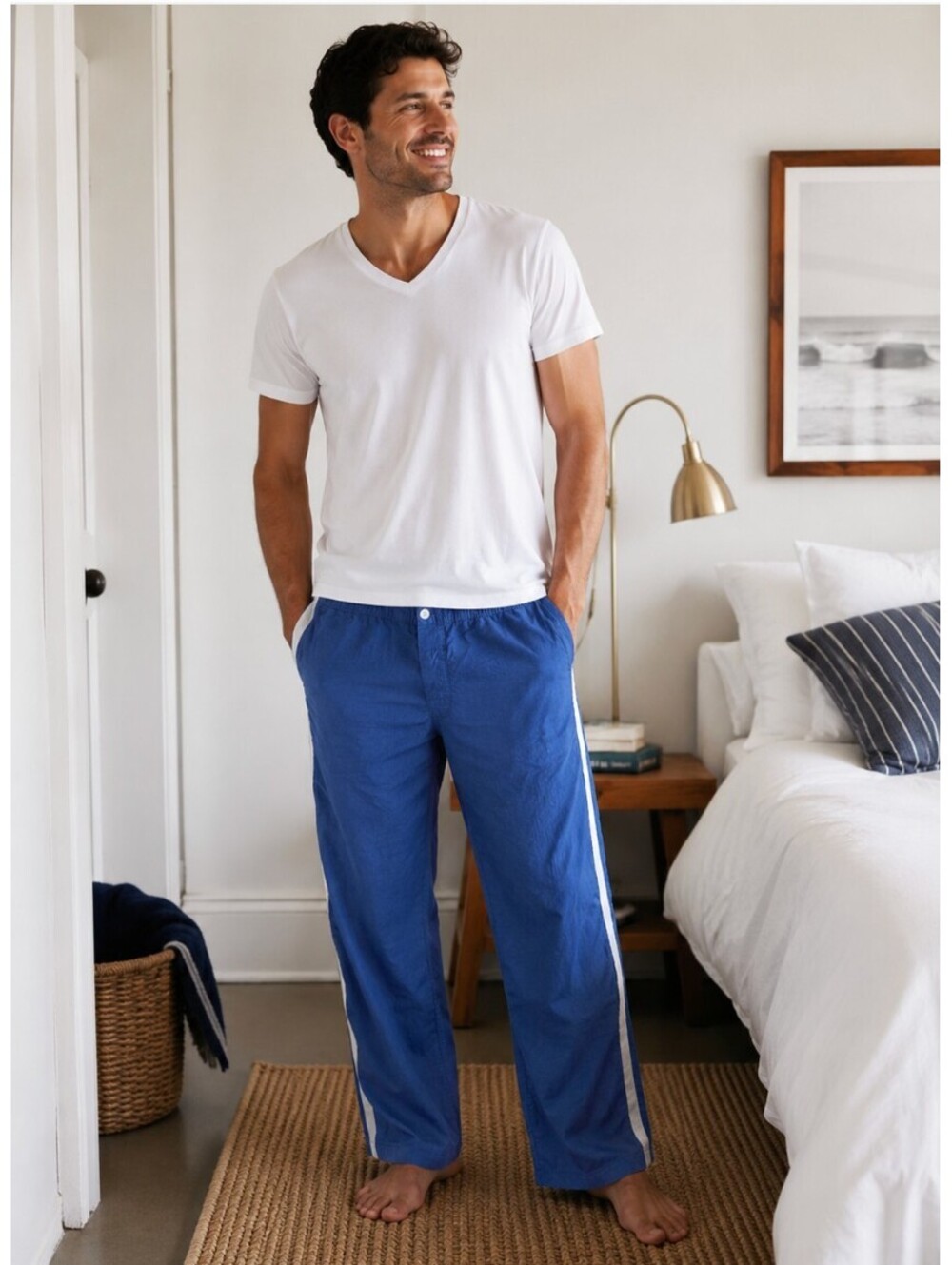 Sleepy Jones Blue Lounge Pajama Pants Ivory Side Stripe Cotton Medium
